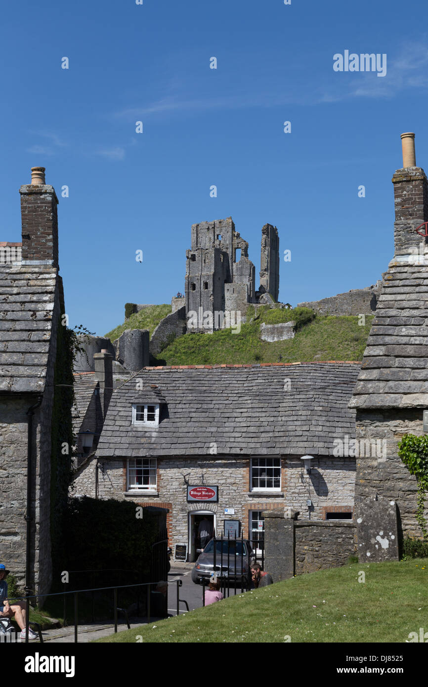 Corfe Castle Viewed Across The Village Of Corfe In Dorset England