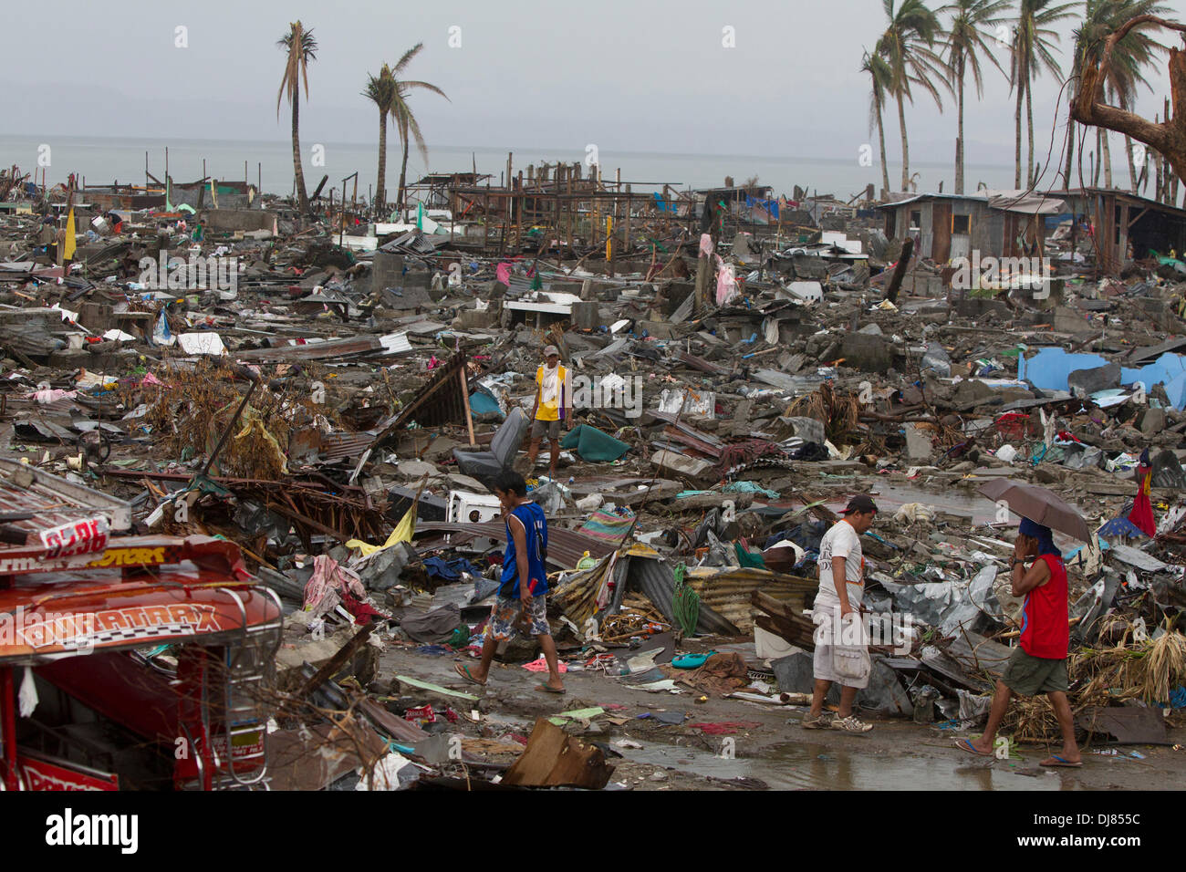 The destructive force of Typhoon haiyan/Yolanda clearly evident in this image on the approach to Tacloban Airport. Stock Photo