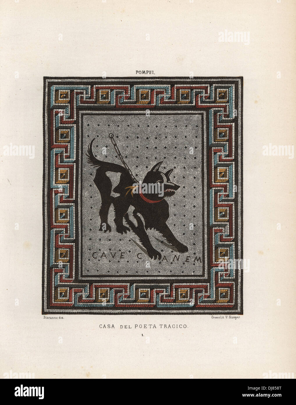 Mosaic of a guard dog on a chain from the Casa del Poeta Tragico, House of the Tragic Poet. Stock Photo