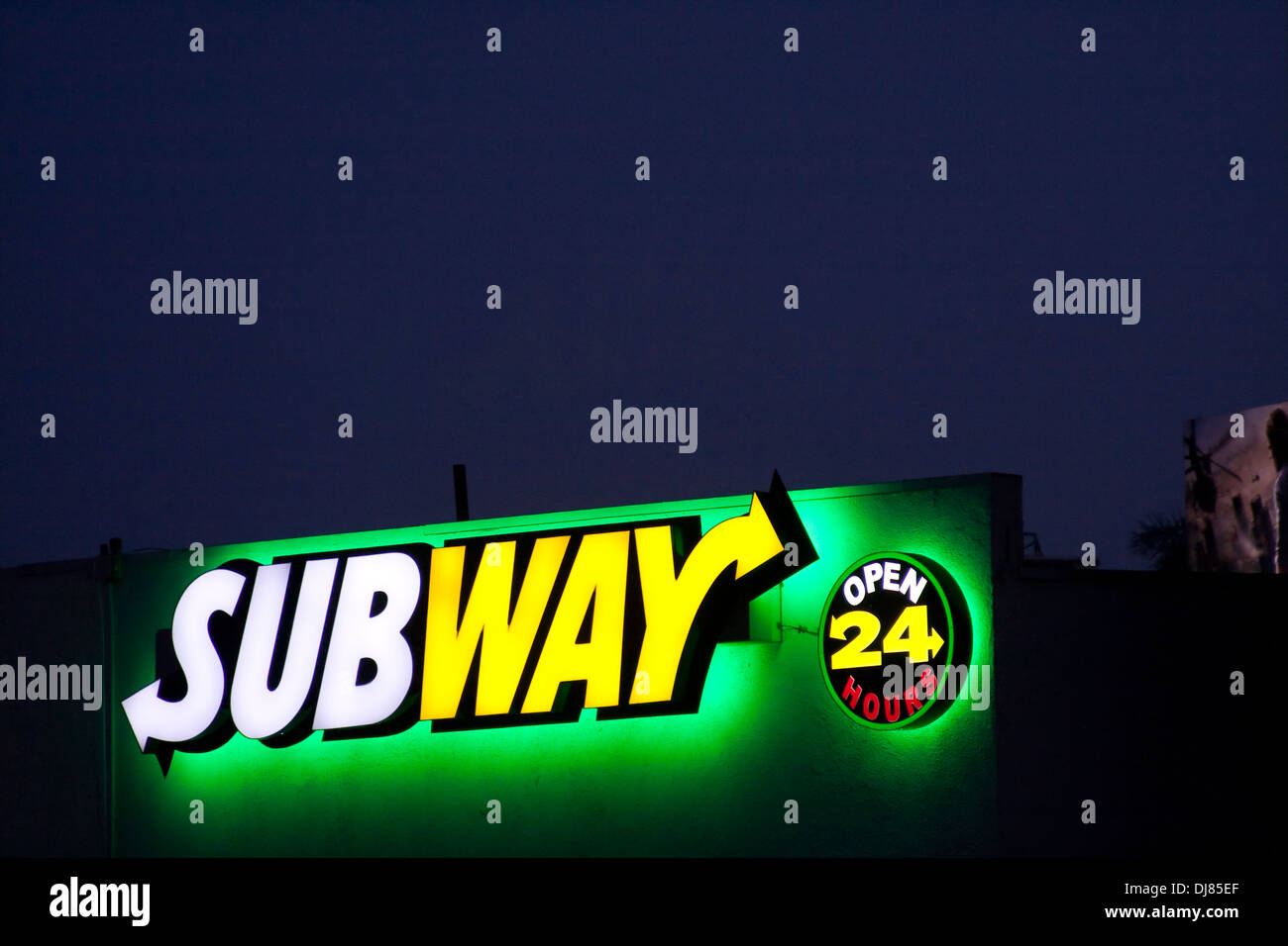 Subway Sandwiches Open 24 hours neon sign Stock Photo Alamy