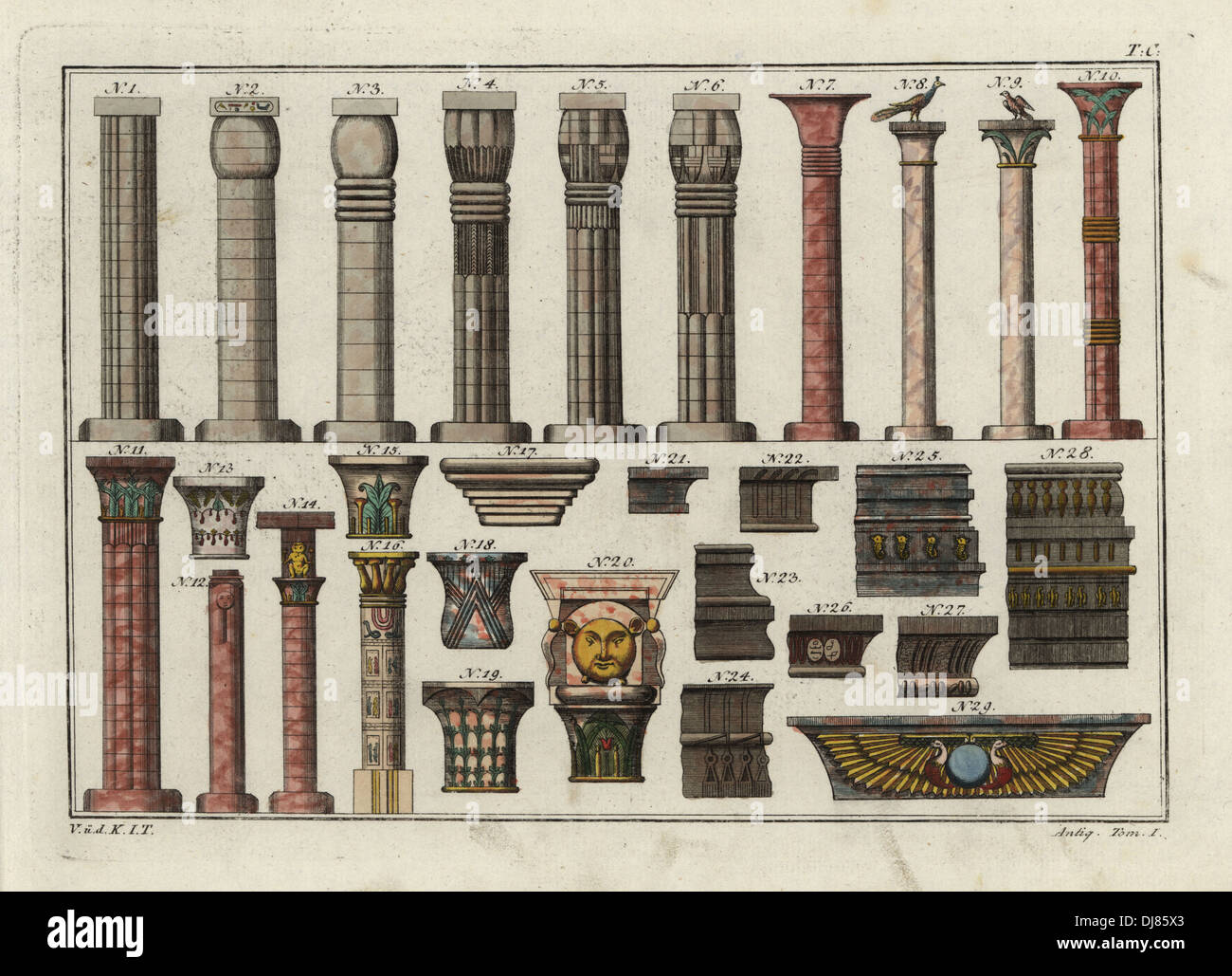 Egyptian columns (1-12, 16) from Luxor (2, 5) and Karnak (3, 6), and capitals (13-20), cornices (21-28) and door ornament (29). Stock Photo