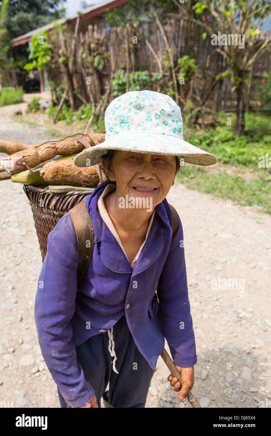 Elderly Lao woman in the countryside around Vang Vieng, Laos carrying Cassava root Stock Photo