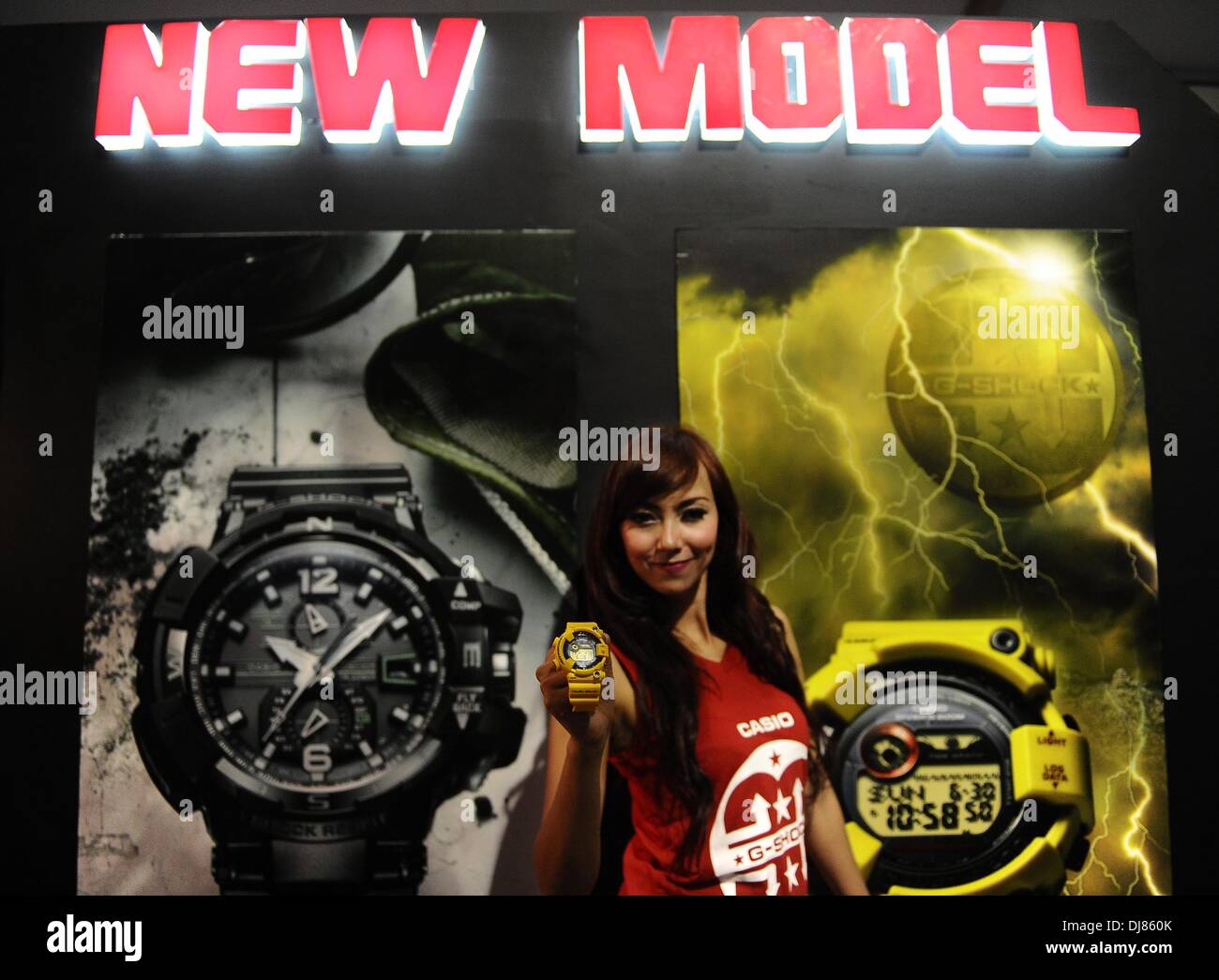 November 23, 2013, Jakarta, Indonesia : A model showcases Casio G-Shock  GF8230E on the G-Shock 30th anniversary party Shock The World Tour Jakarta  2013 at Eco Park Ancol, Jakarta. In 30th anniversary,