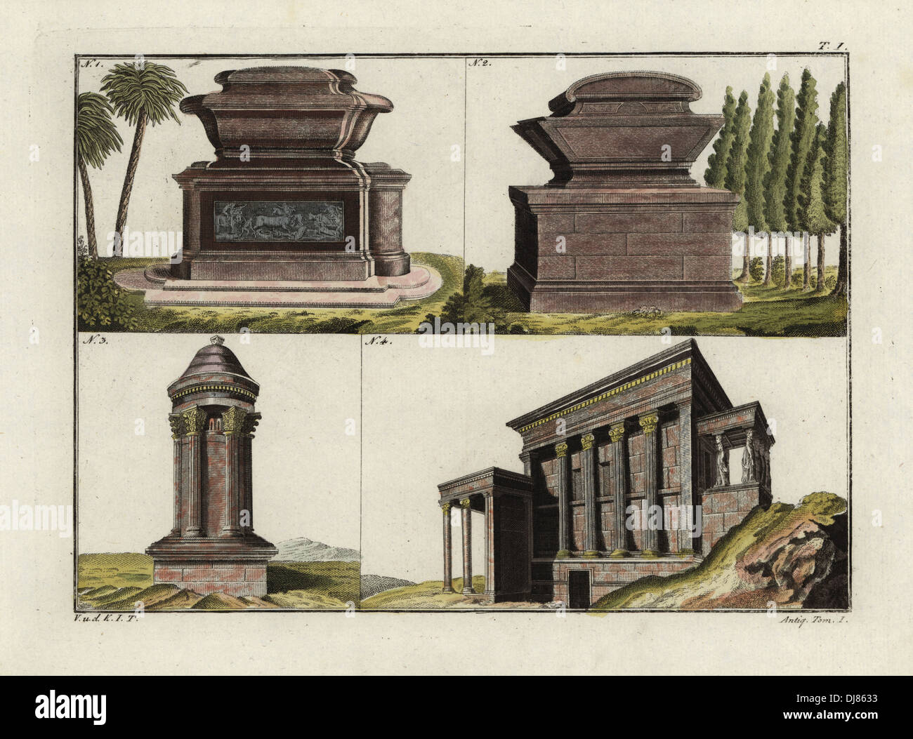 Greek tombs (1, 2), the lantern of Demosthenes (3), and the Stock Photo