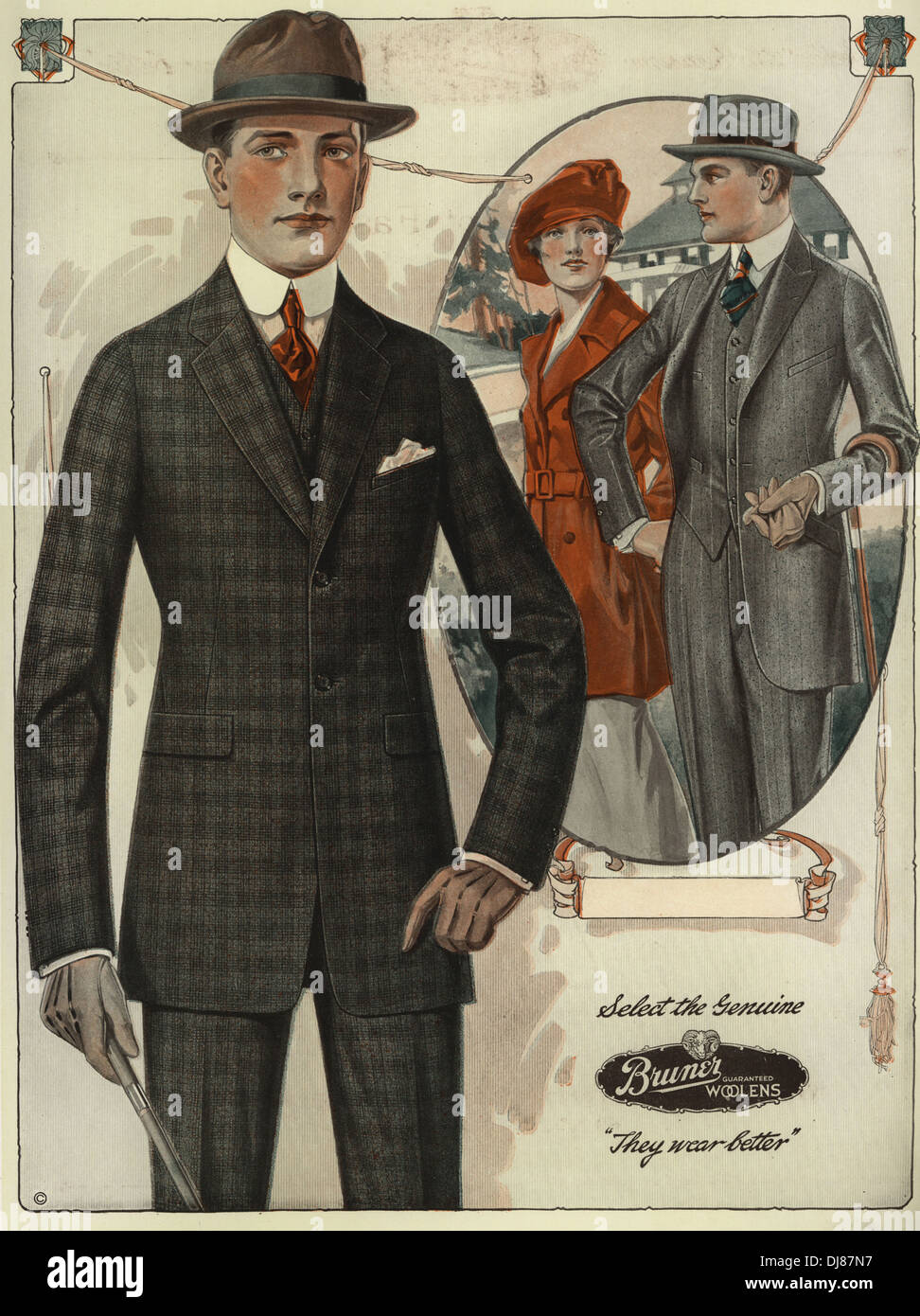 Men's conservative single-breasted suits. Chromolithograph from a catalog of male winter fashions from Bruner Woolens, 1920. Stock Photo