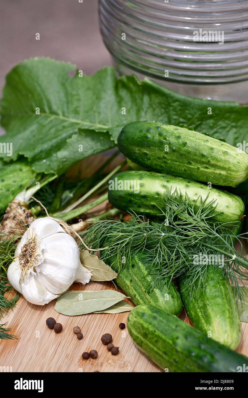 Fresh cucumbers and ingredients,homemade preserves Stock Photo