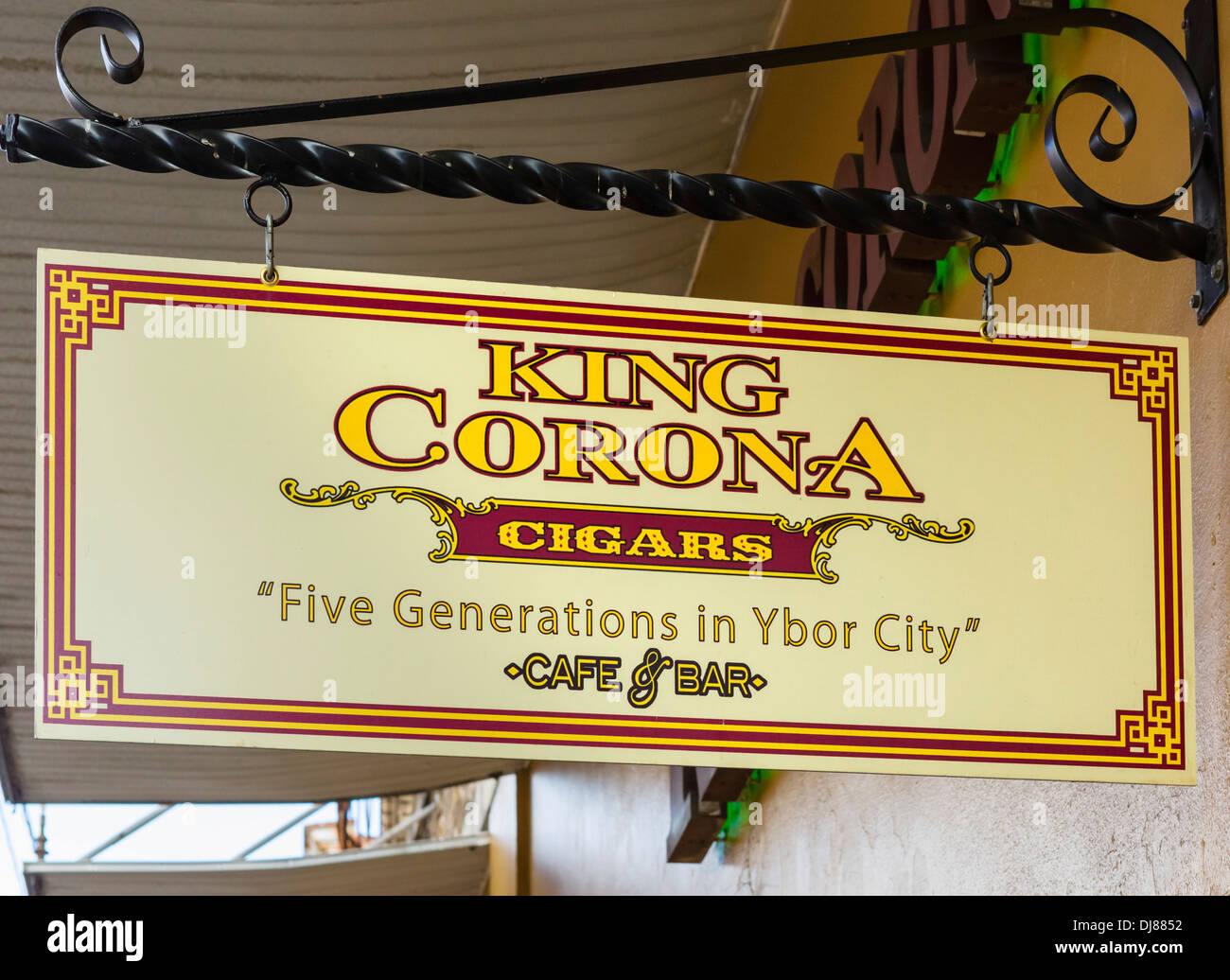 Sign outside the King Corona cigar store, cafe and bar on Seventh Avenue in historic Ybor City, Tampa, Florida, USA Stock Photo
