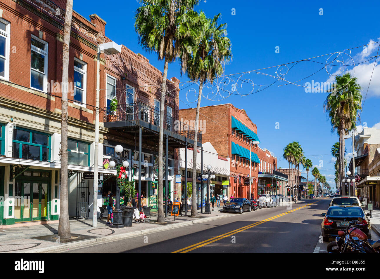 Shops, bars and restaurants on Seventh Avenue in historic Ybor City, Tampa, Florida, USA Stock Photo