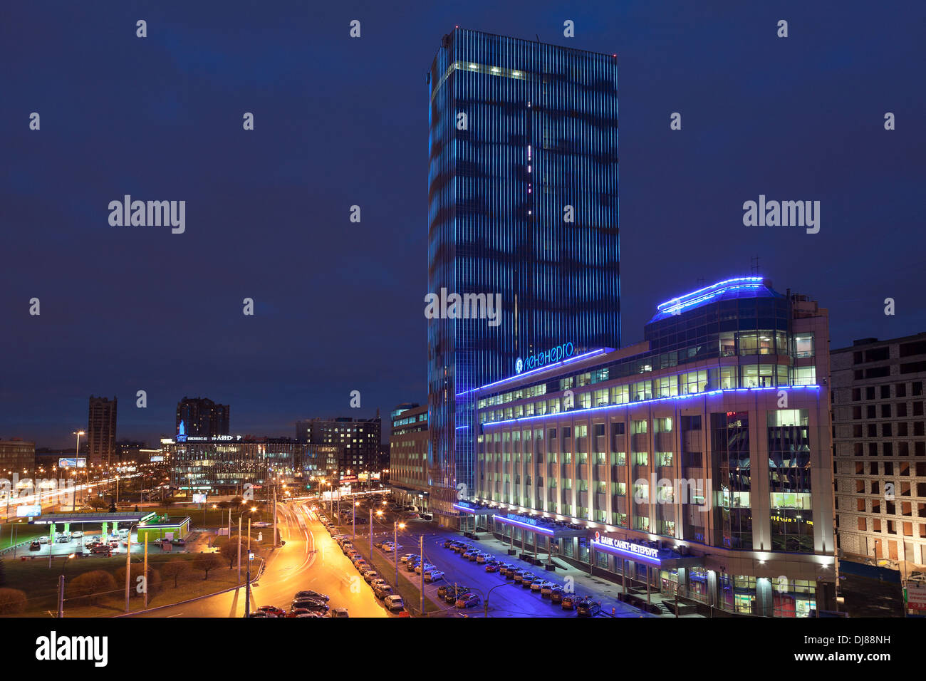 Night view of illuminated building business center tower on the Constitution Square, next to Lenenergo. St. Petersburg, Russia Stock Photo