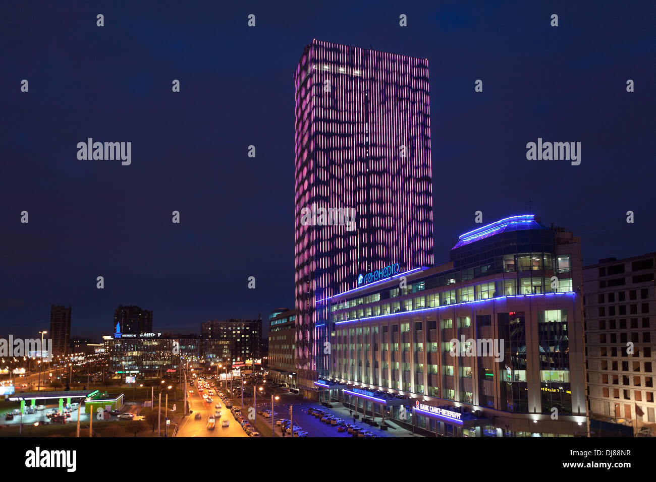 Night view of illuminated building business center tower on the Constitution Square, next to Lenenergo. St. Petersburg, Russia Stock Photo
