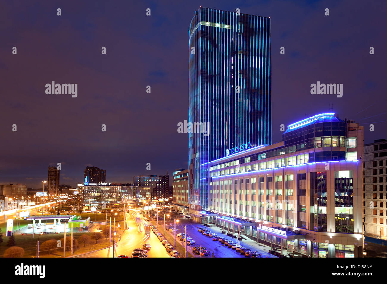 Night view of illuminated building business center tower on the Constitution Square, next to Lenenergo. St. Petersburg, Russia Stock Photo