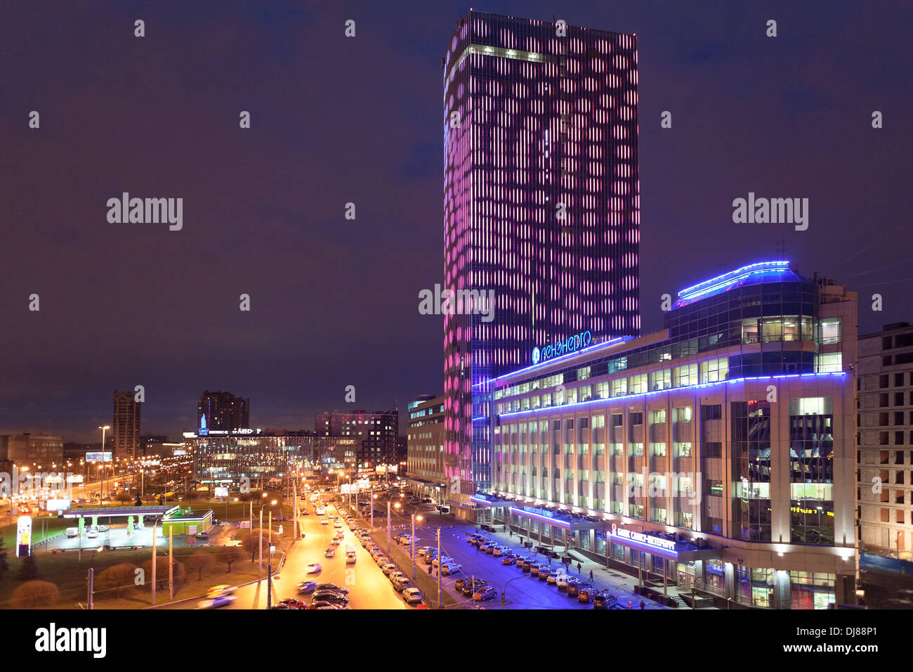 Night view of illuminated building business center tower on the Constitution Square, next to Lenenergo. St. Petersburg, Russia Stock Photo
