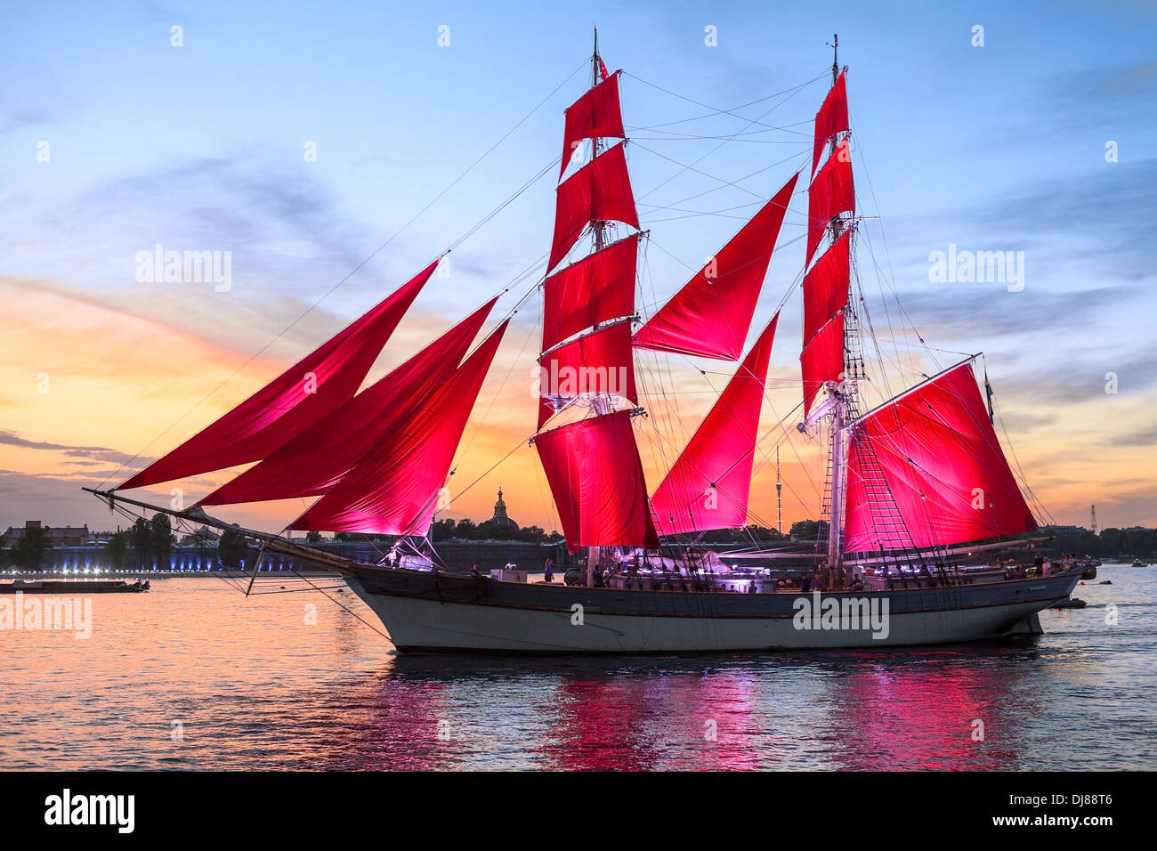Celebration Scarlet Sails show during the White Nights Festival, St. Petersburg, Russia. Vessel over sunset sky Stock Photo