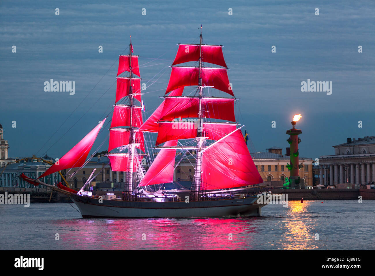 Celebration Scarlet Sails show during the White Nights Festival, St. Petersburg, Russia. Rostral Columns with fire Stock Photo