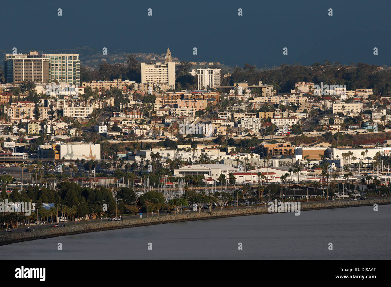 A view of Little Italy, Hillcrest, and Balboa Park in San Diego, California. San Diego Bay and Harbor Island are in the foreground. Stock Photo