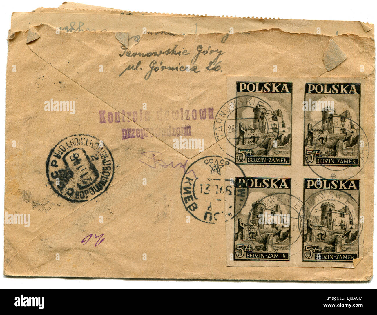 POLAND - CIRCA 1946: Envelop with stamps printed in Poland shows Bedzin Castle, Silesian Highlands, circa 1946  Stock Photo