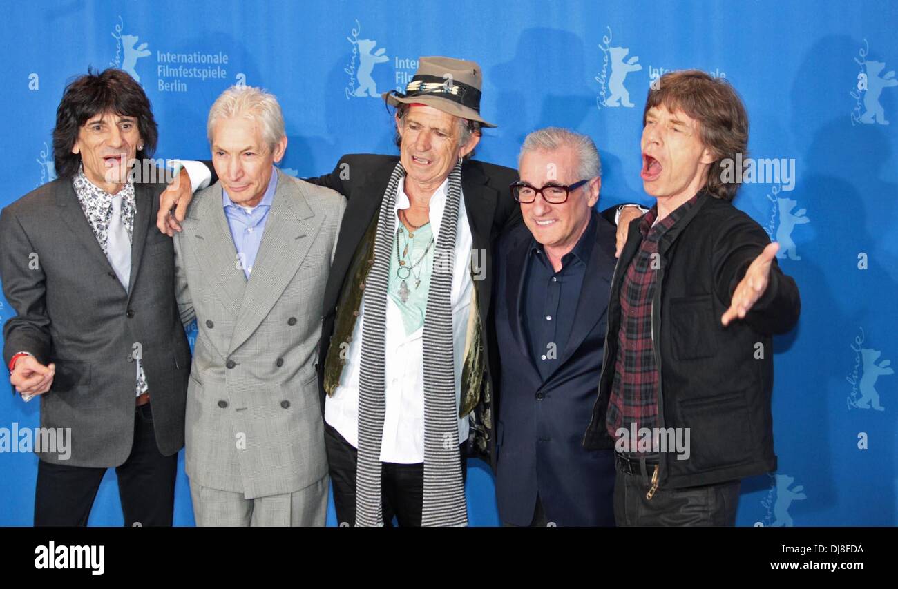 Ron Wood, Charly Watts, Keith Richards, director Martin Scorsese and Mick Jagger (l-r) at the photocall of 'Shine a Light' during the Berlinale 2008. Stock Photo