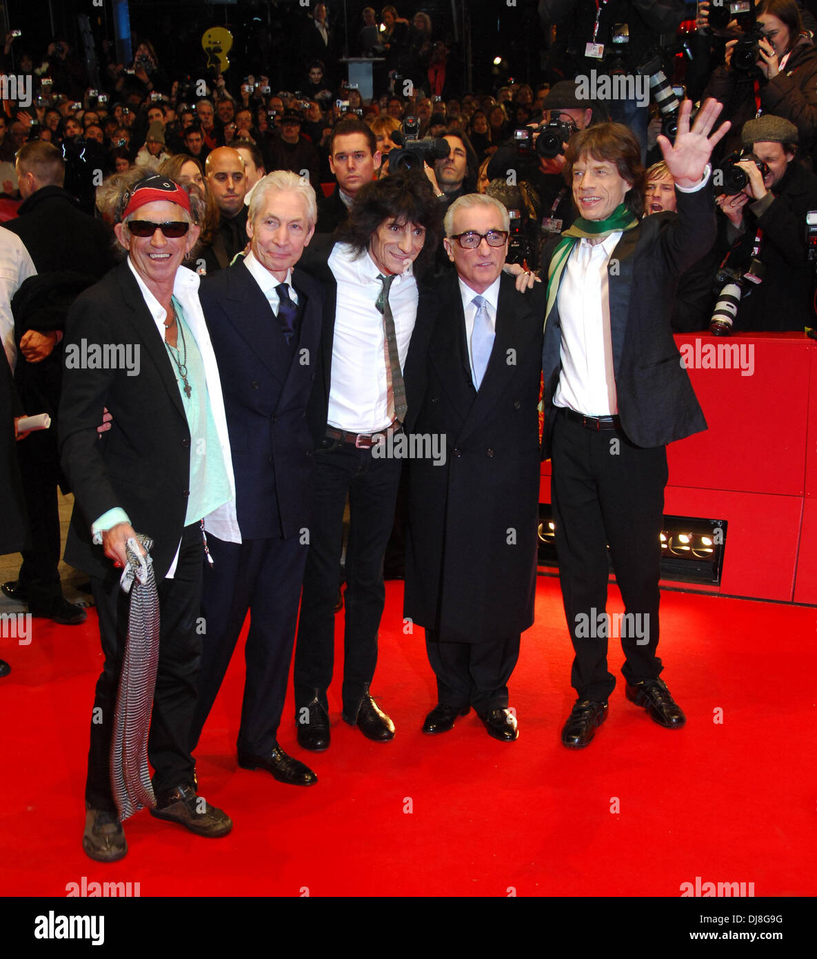 Keith Richard, Charlie Watts, Ron Wood, director Martin Scorsese and Mick Jagger (l-r) at the opening film 'Shine A Light' at the Berlinale 2008. Stock Photo