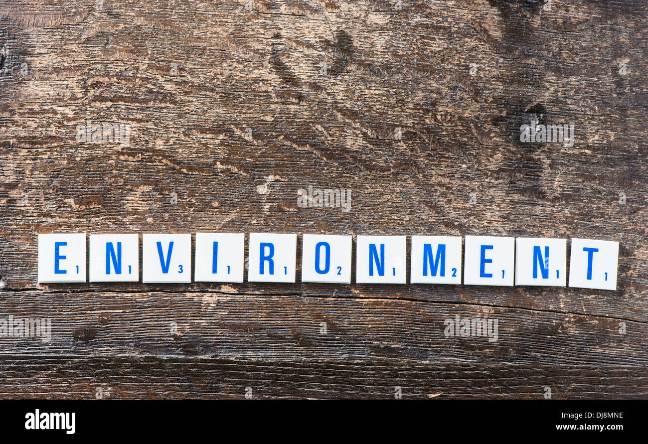 Letters lying on wood spelling the word Environment Stock Photo