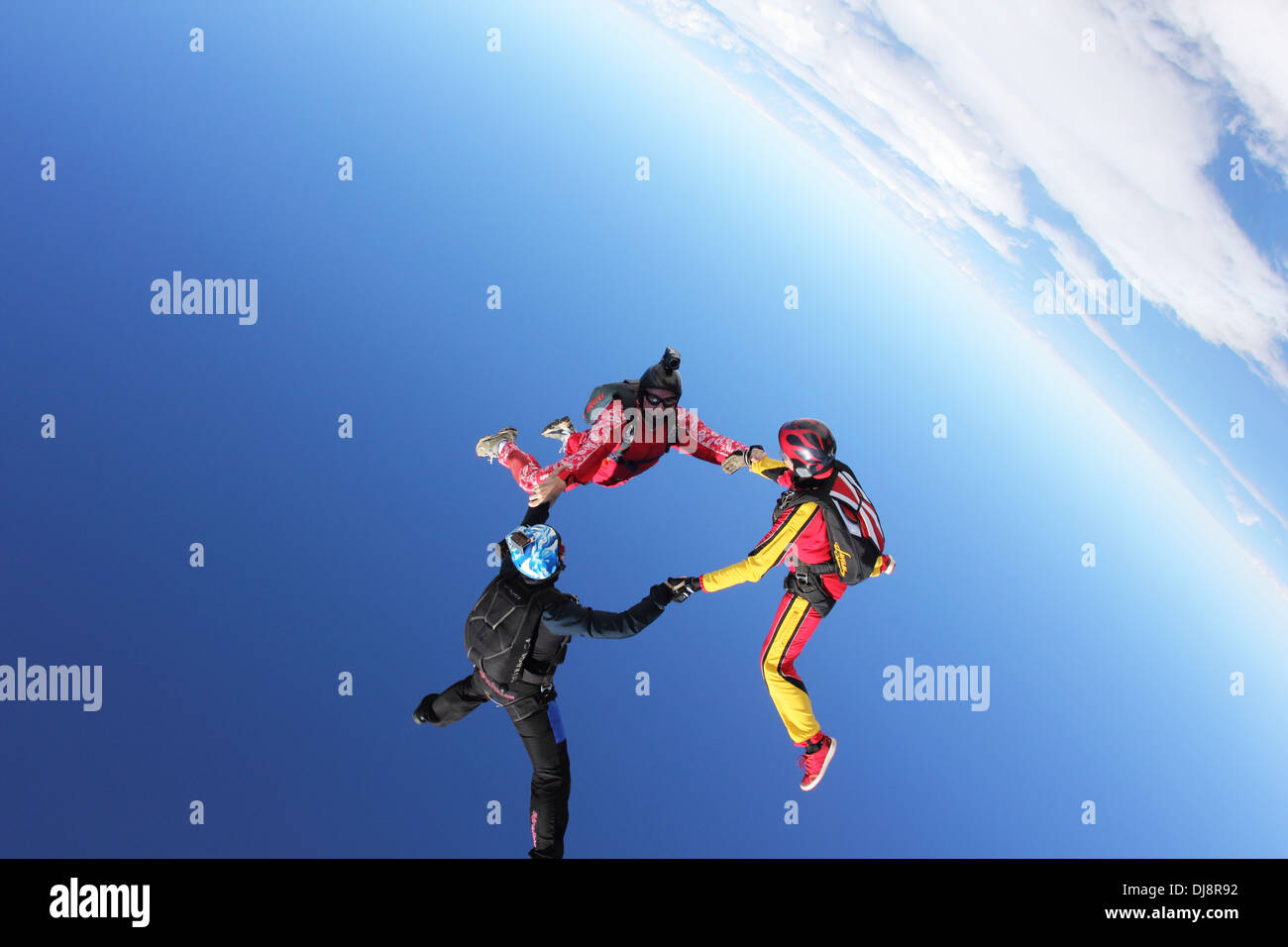 Skydivers are jumping out of an airplane and holding hand for a big formation together in the sky. Stock Photo