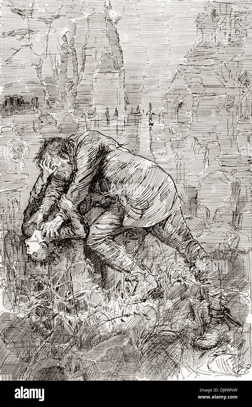Pip's struggle with the escaped convict.  Illustration by Harry Furniss for the Charles Dickens novel Great Expectations. Stock Photo