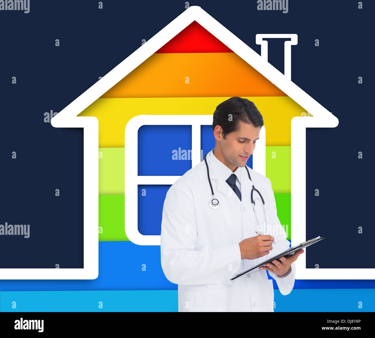 Smiling doctor holding pen and clipboard Stock Photo