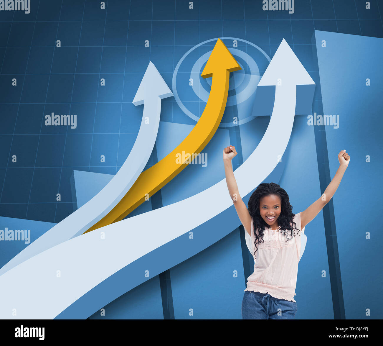 Happy woman with her arms raised up in front of arrows and statistic Stock Photo