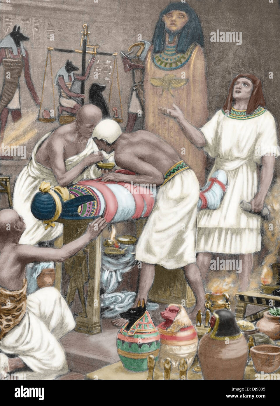 Mummification. Anciet Egypt. Engraving. 19th century. Colored. Stock Photo
