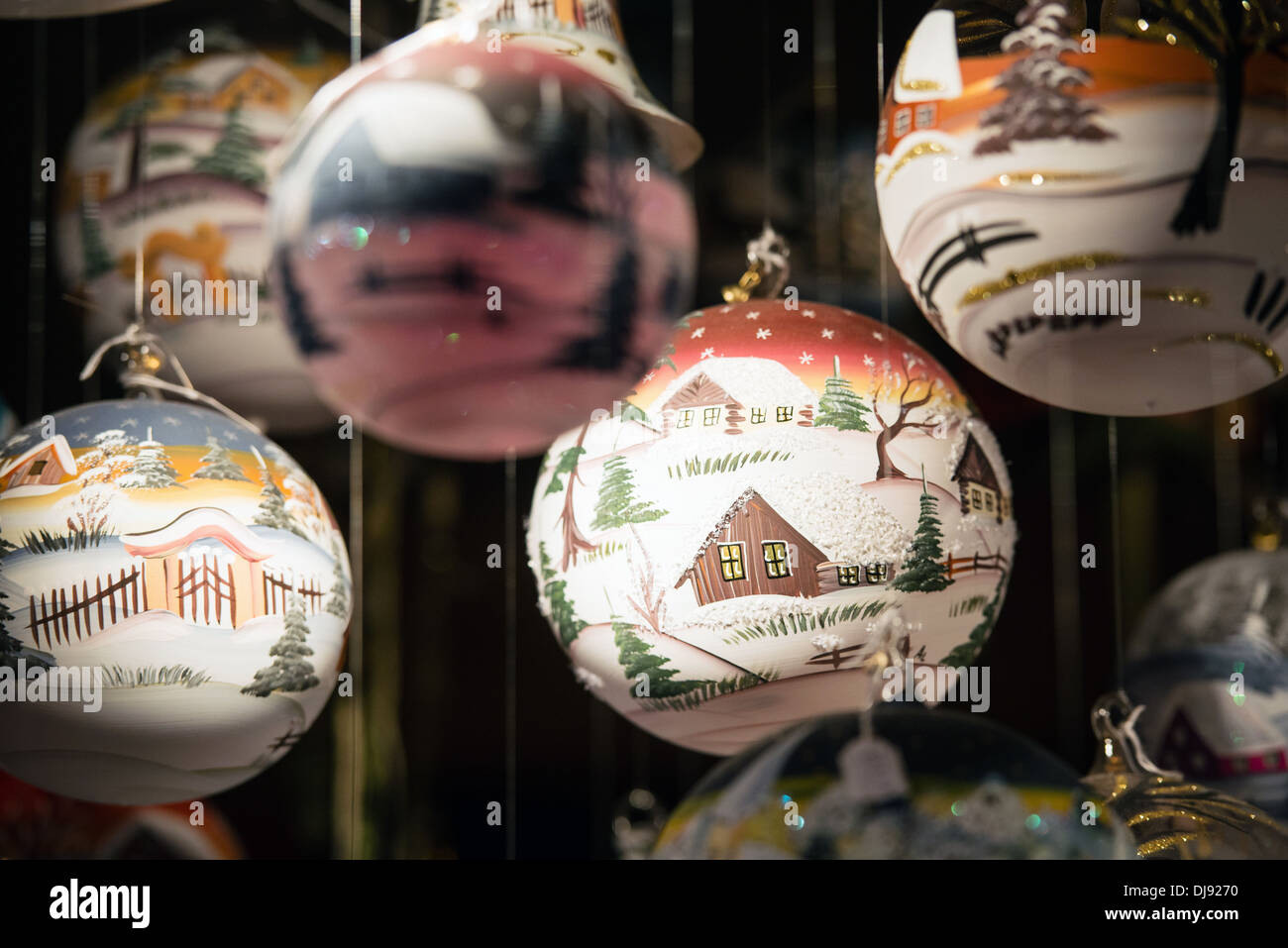 Painted Christmas balls and decorations on sale during Christmas market