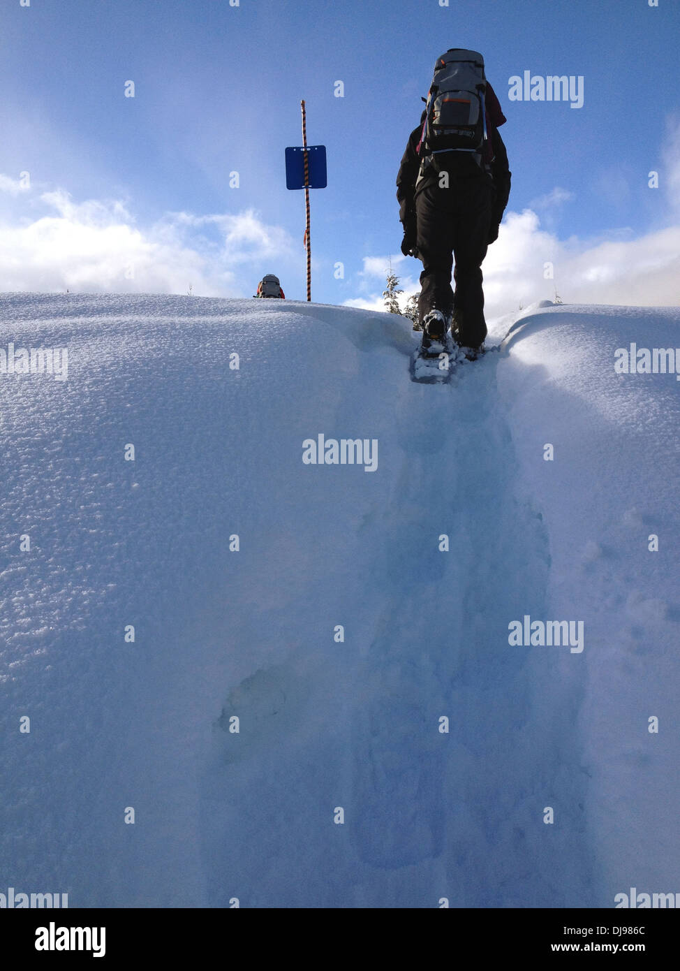 Caucasian mother carrying baby in snowy landscape - Smartphone Captured Stock Image