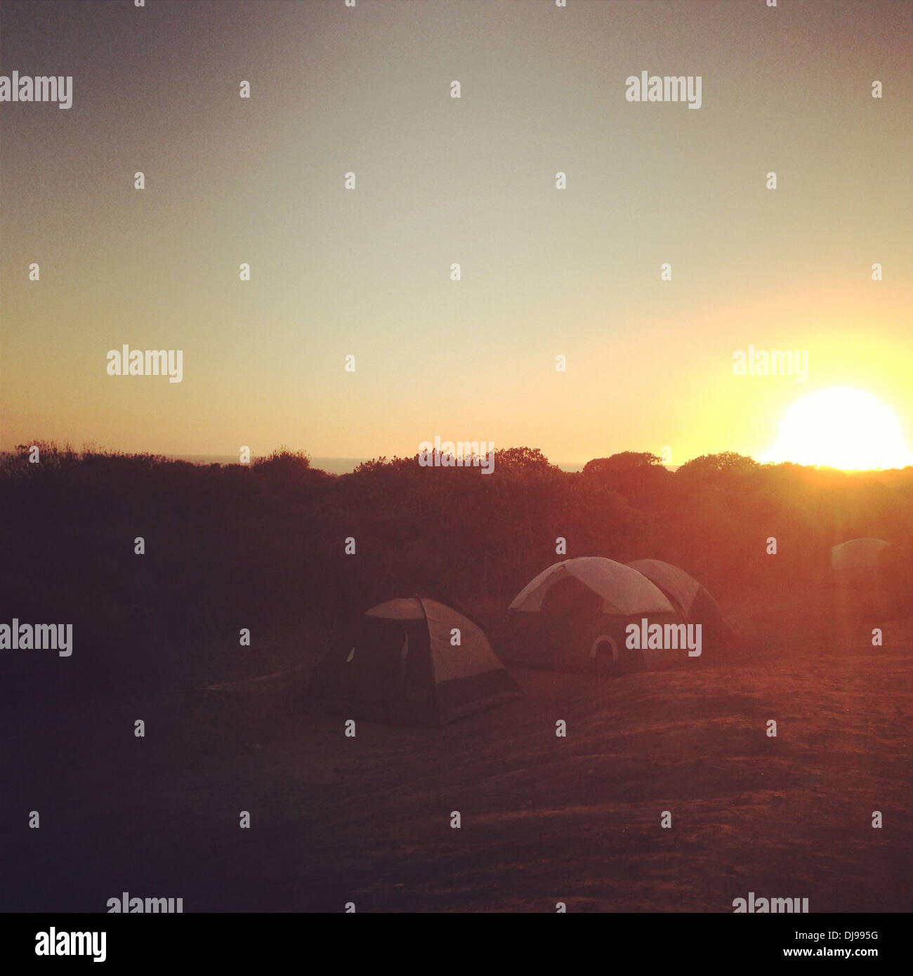 Sunset over tents at rural campsite - Smartphone Captured Stock Image