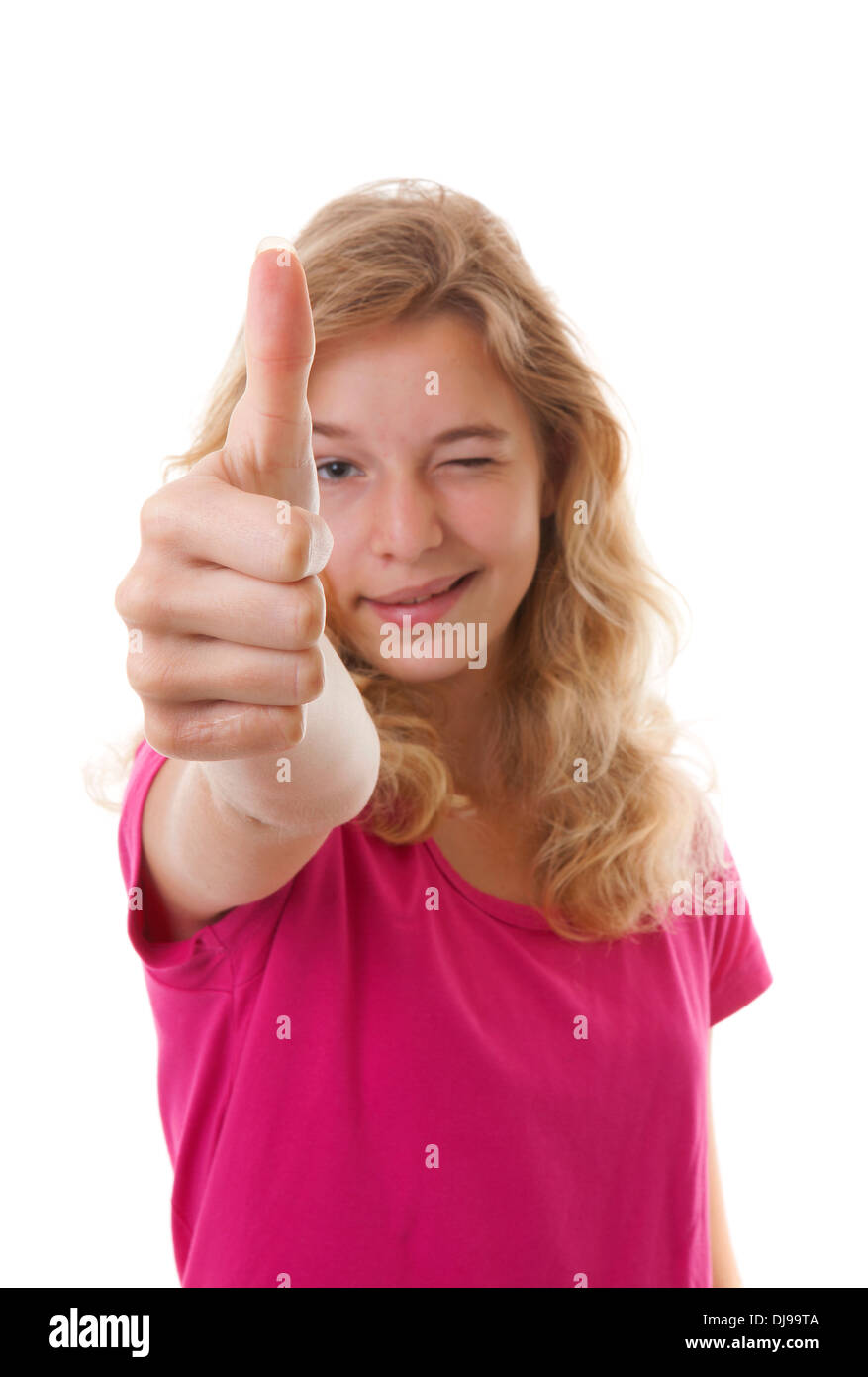 Girl with thumbs up isolated on white background Stock Photo - Alamy