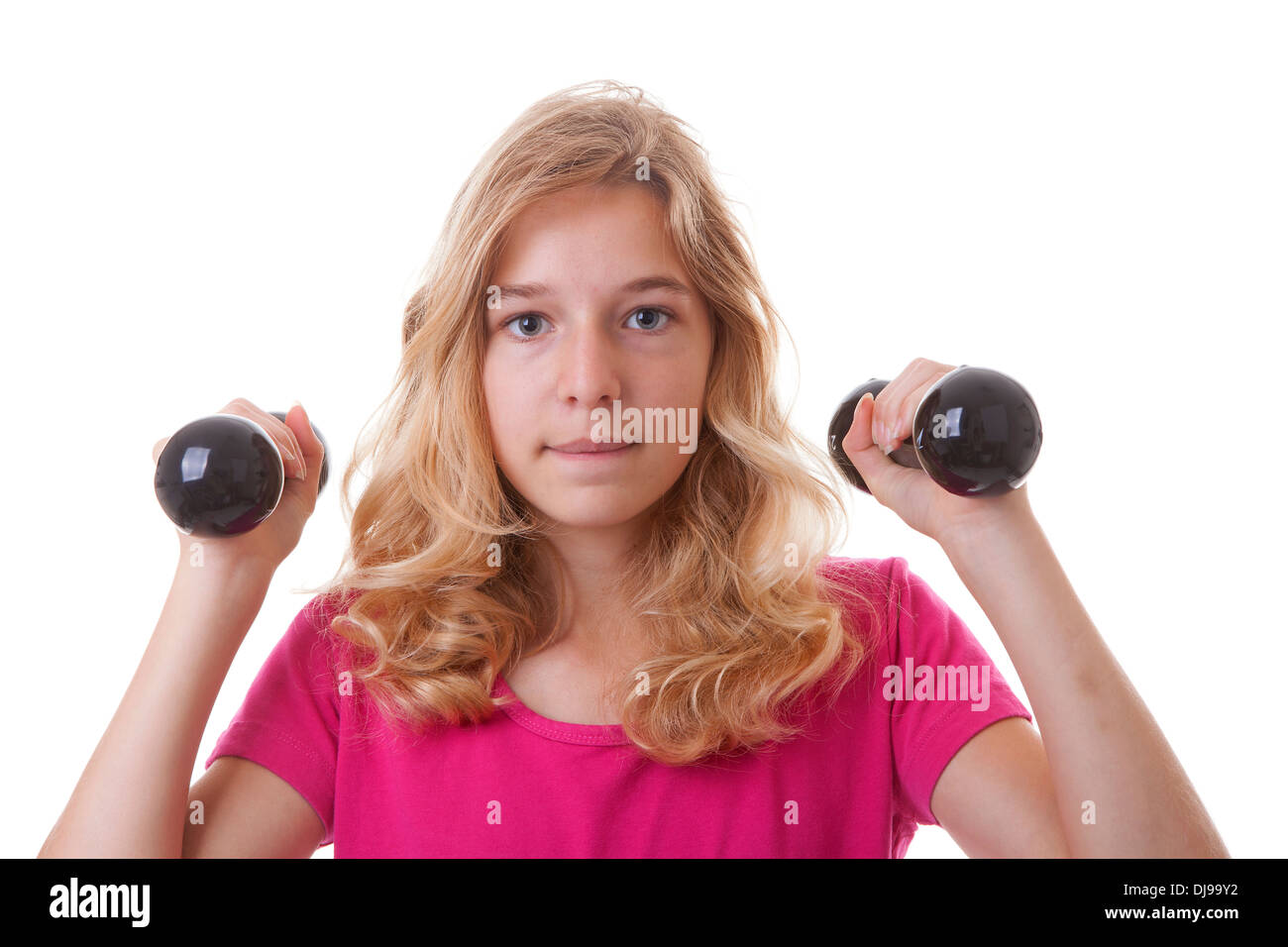 Girl is sporting with dumbbells over white background Stock Photo Alamy