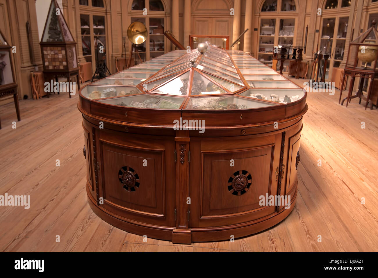 A huge wooden display case in the Oval Room at Teylers Museum, Haarlem, North Holland, The Netherlands. Stock Photo