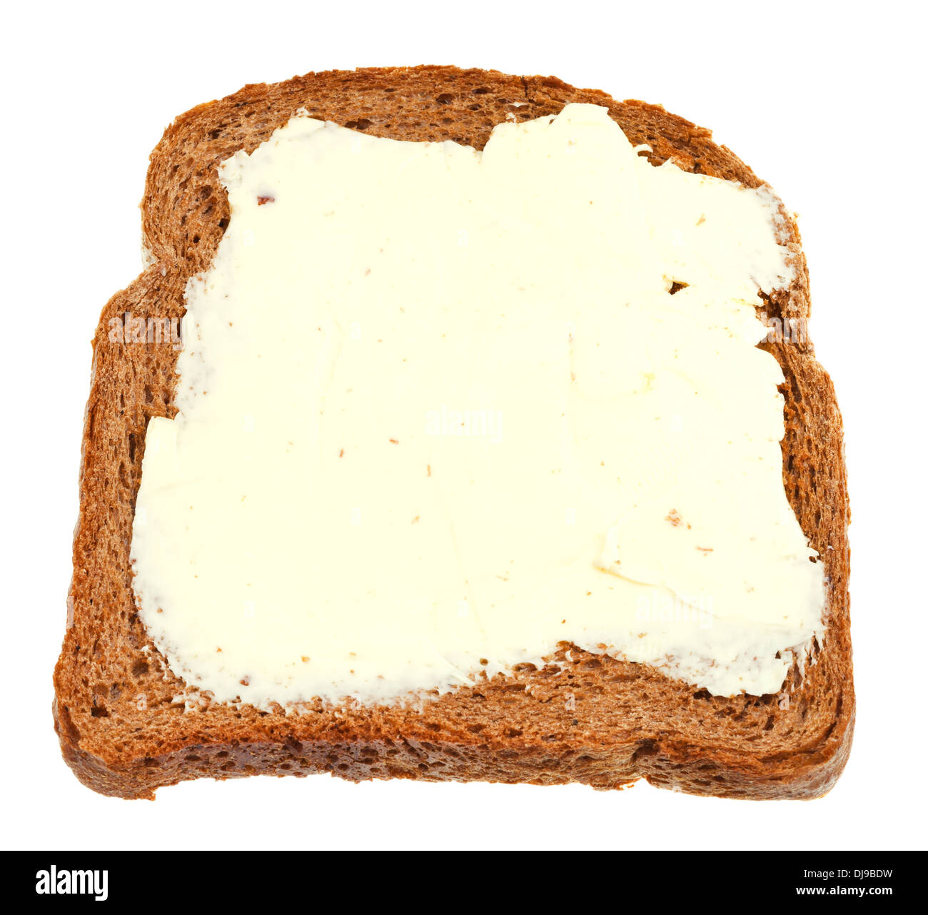 top view of rye bread and dairy butter sandwich isolated on white background Stock Photo