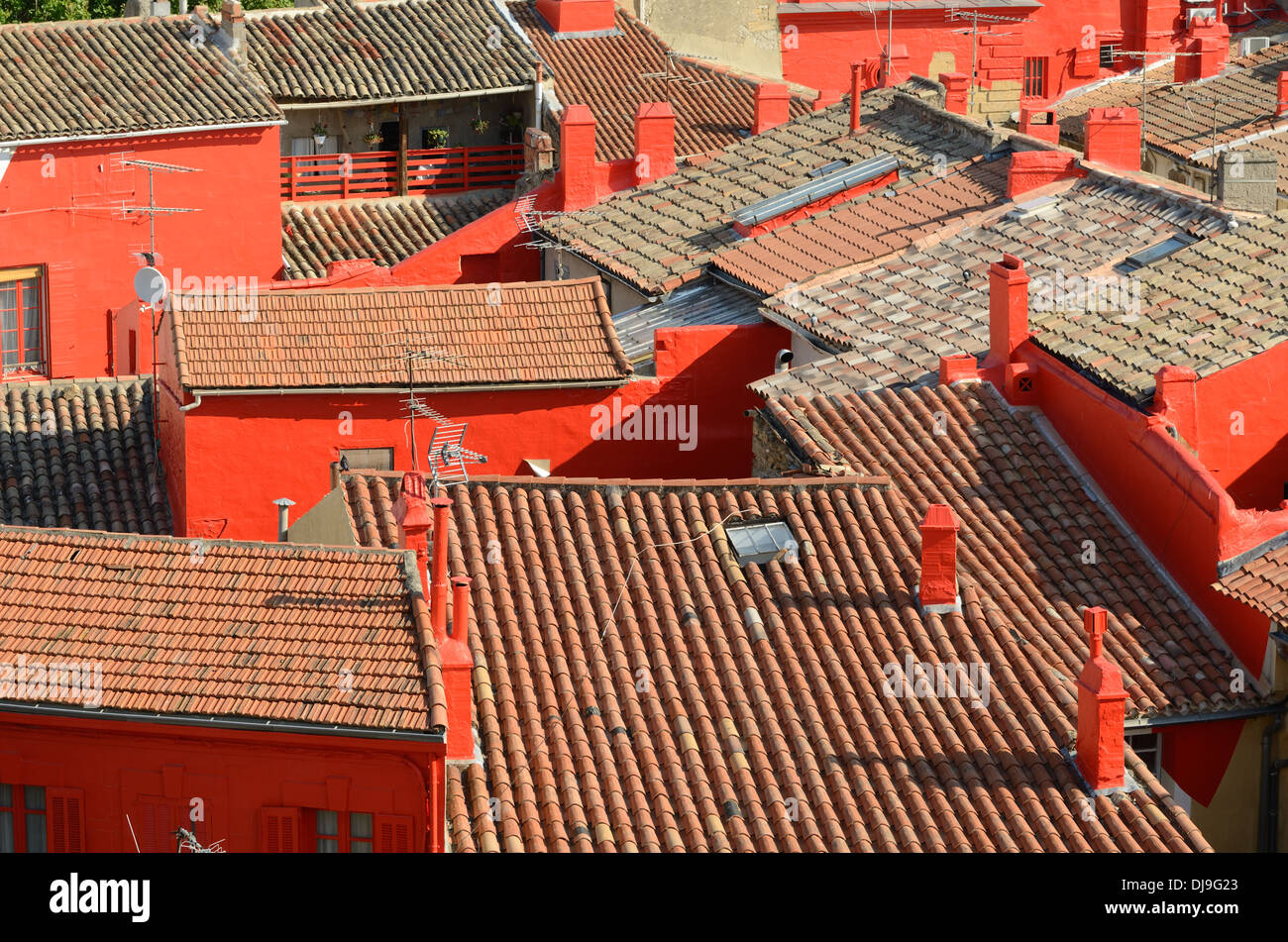 Red Rooftops & Painted Historic Buildings in the Old Town Salon de Provence or Salon-de-Provence Art Installation by Felice Varini Provence France Stock Photo