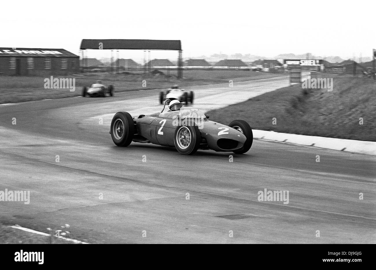Phil Hill in a Ferrari 156 'Sharknose', finished 2nd in the British Grand Prix, Aintree, England 15 July 1961. Stock Photo