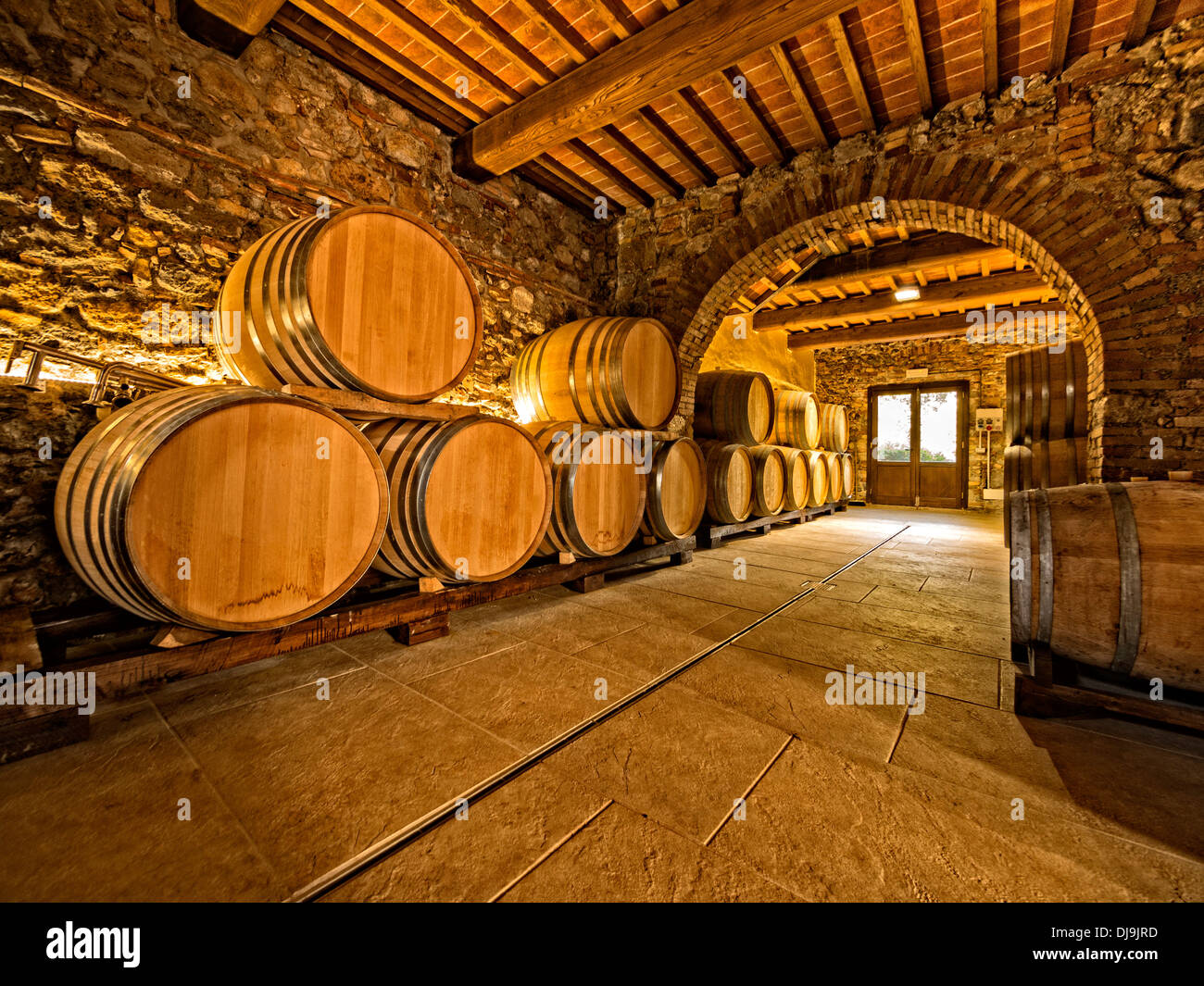oak wine barrels in winery cellar Stock Photo