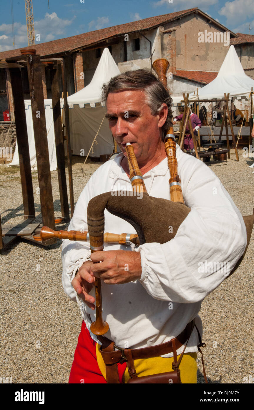 castle, Europe, historical, Italy, Lombardy, Malpaga, traditional, travel, outdoors, players of bagpipe and drum country fair Stock Photo