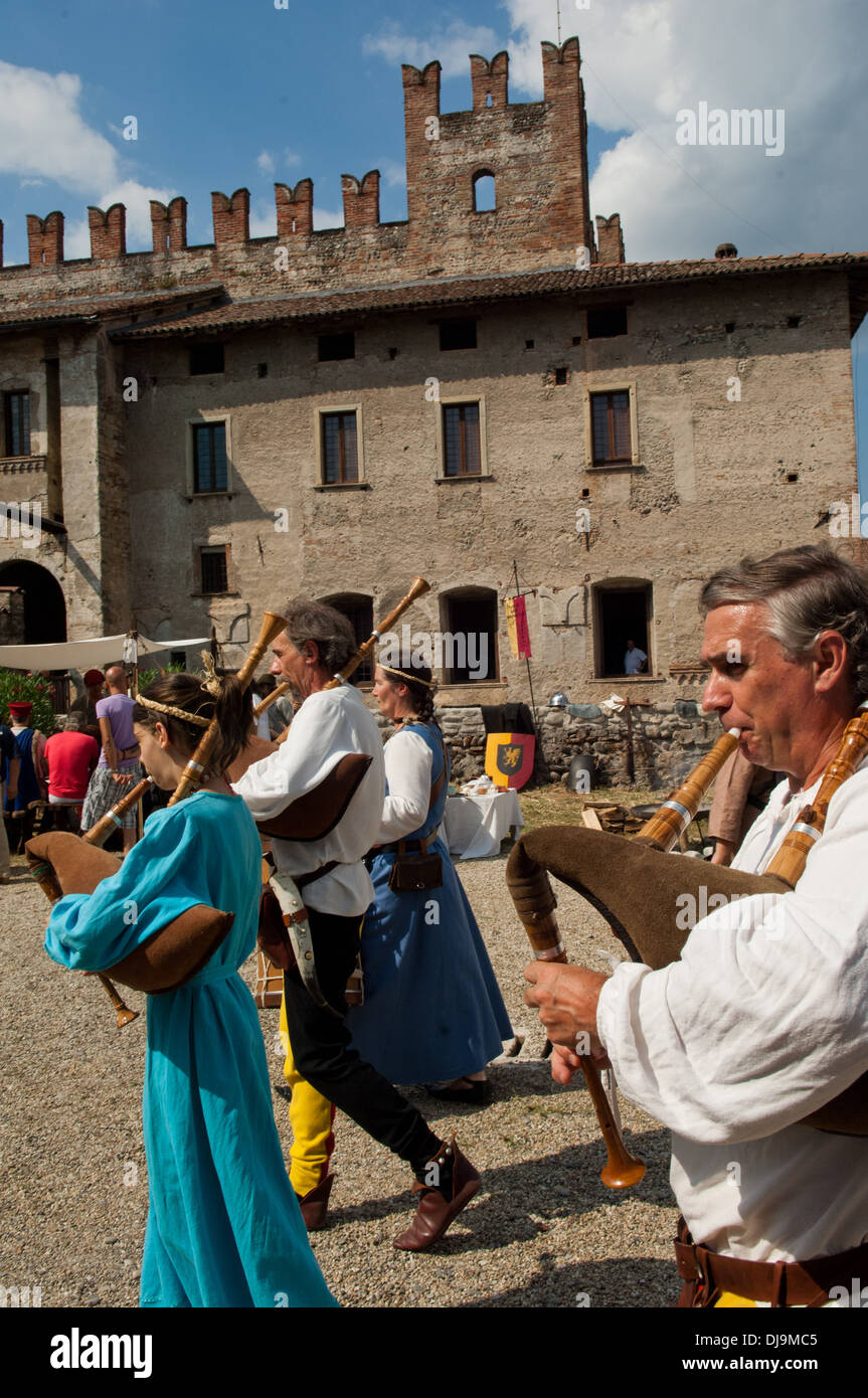 castle, Europe, historical, Italy, Lombardy, Malpaga, traditional, travel, outdoors, players of bagpipe and drum country fair Stock Photo