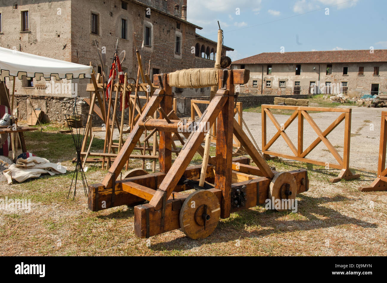 castle, Europe, historical, Italy, Lombardy, Malpaga, traditional, travel, outdoors, medieval catapult Stock Photo