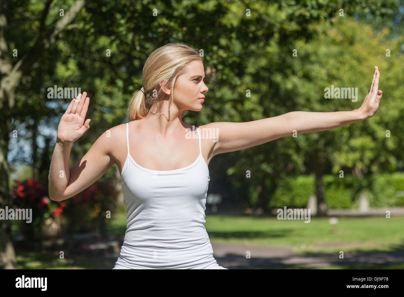 Concentrated young woman doing yoga Stock Photo
