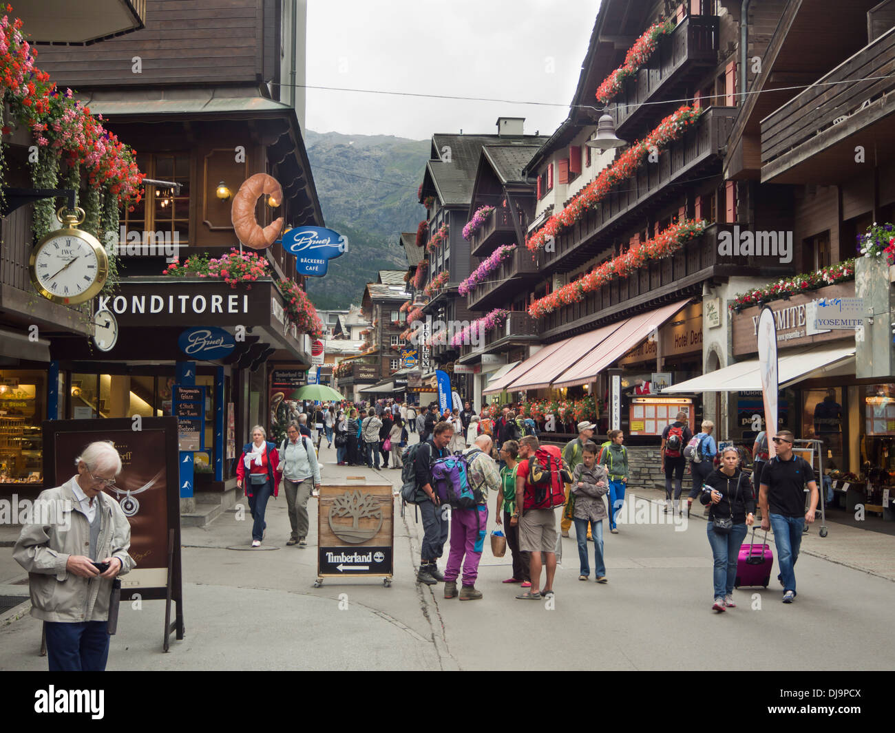 Pedestrian shopping street in the tourist village of Zermatt