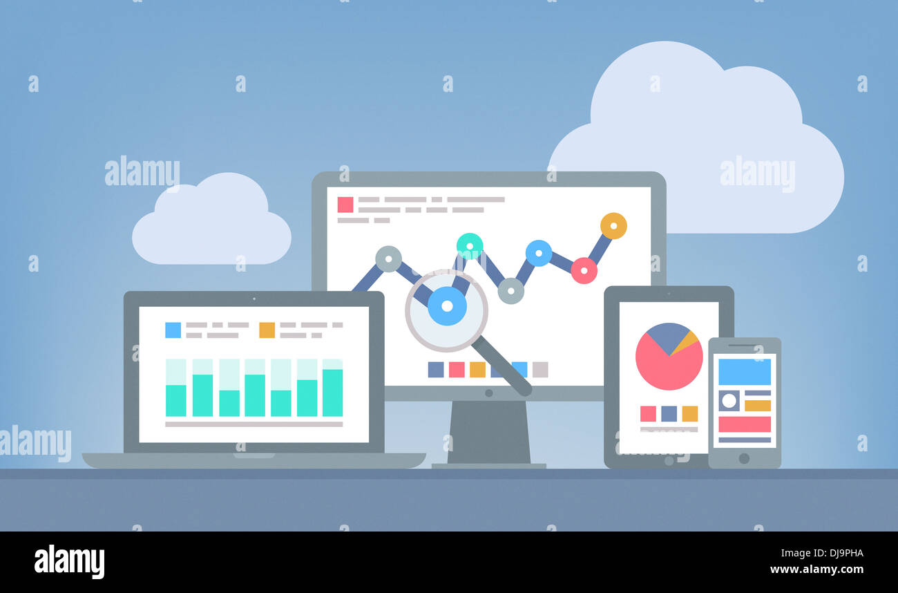 Flat design modern illustration concept of website analytics and SEO data analysis using modern electronic and mobile devices Stock Photo