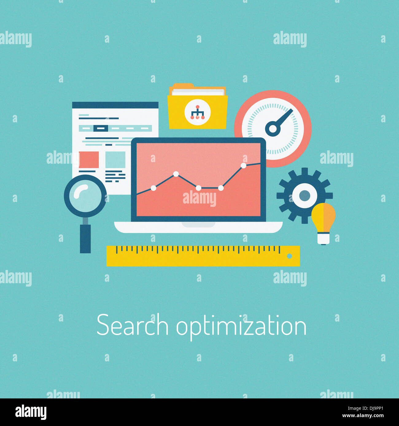 Flat design modern illustration of the SEO website searching optimization process with web page, laptop and other icons Stock Photo
