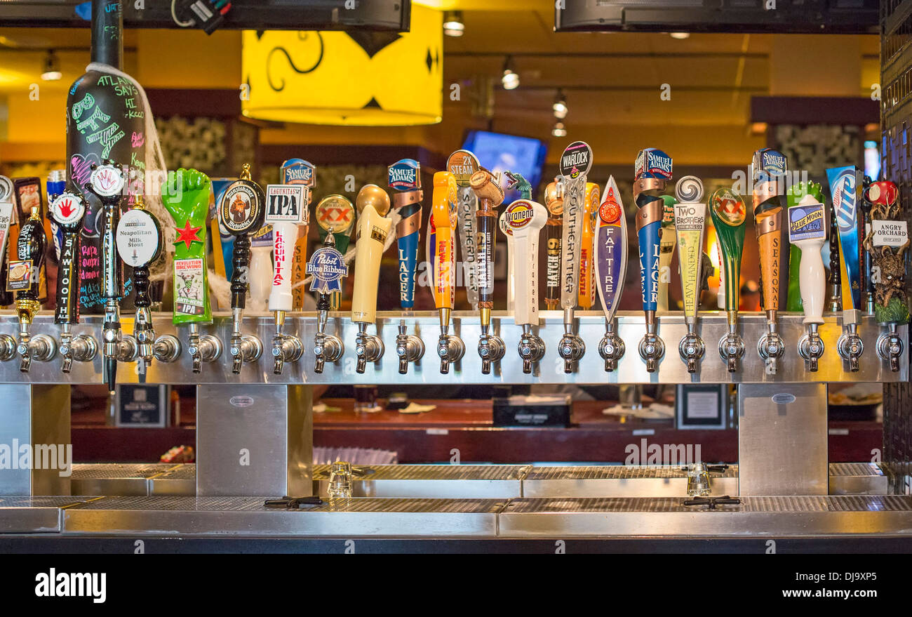 Chicago, Illinois - Beer on tap at Bar Louie at the Holiday Inn O'Hare. Stock Photo