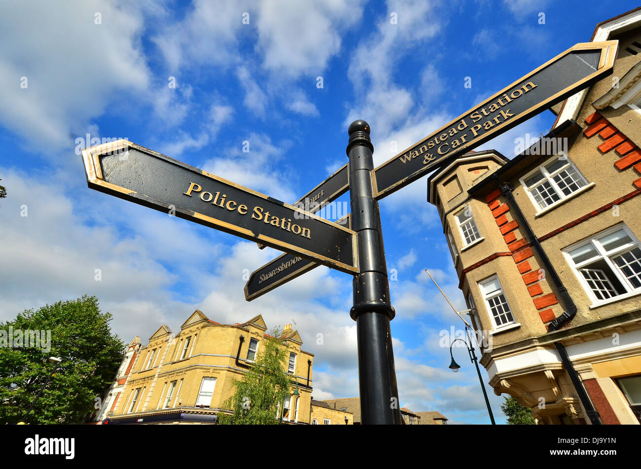 Street sign in Wanstead High Street showing way to Police Station and Tube Station Stock Photo