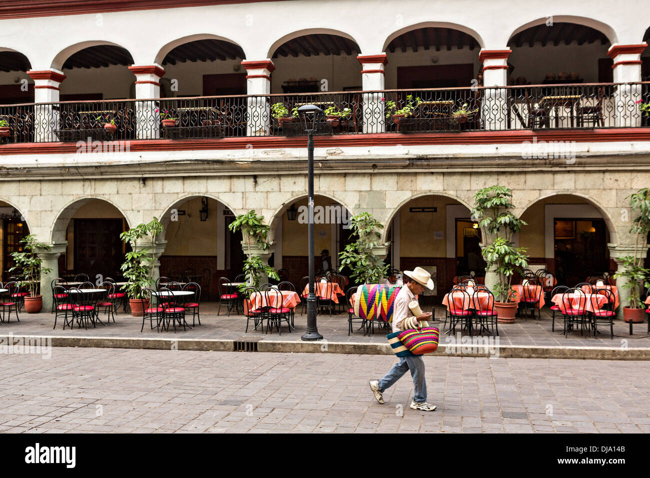 Early morning in the historic Zocalo or plaza in Oaxaca, Mexico. Stock Photo