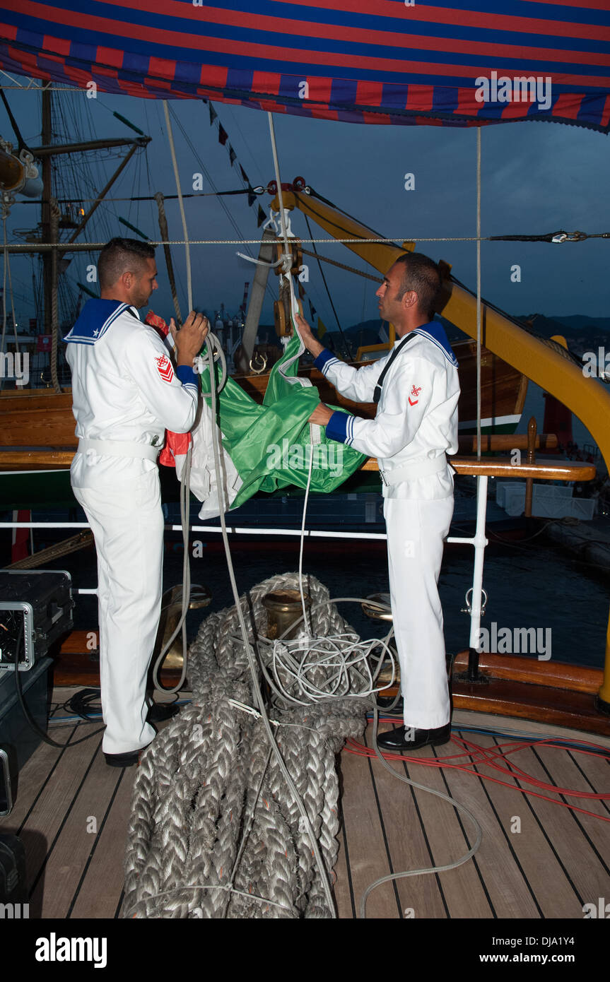 Europe, Italy, La Spezia, Liguria, Amerigo Vespucci, ship, training ship, lowering of the flag Stock Photo
