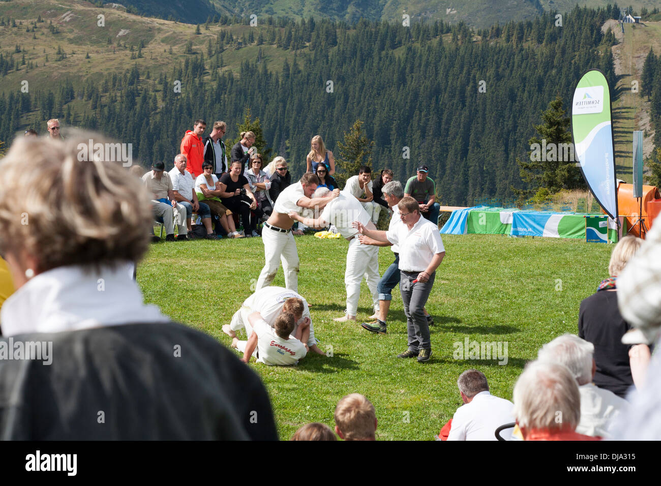 Wrestling competition The Schmittenhohe Mountain Festival Zell am See Pinzgau Salzburgerland Austria Stock Photo
